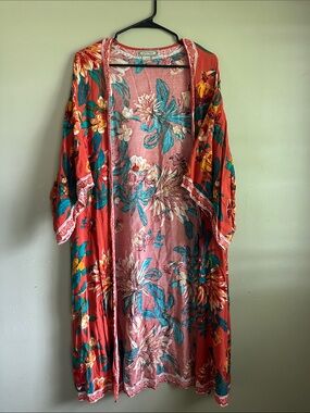 Flying Tomato Coral and Teal Floral Open Kimono